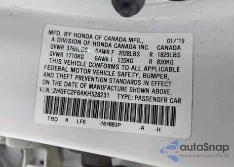 2019 Honda Civic Lx from USA, damaged, VIN 2HGFC2F64KH528231